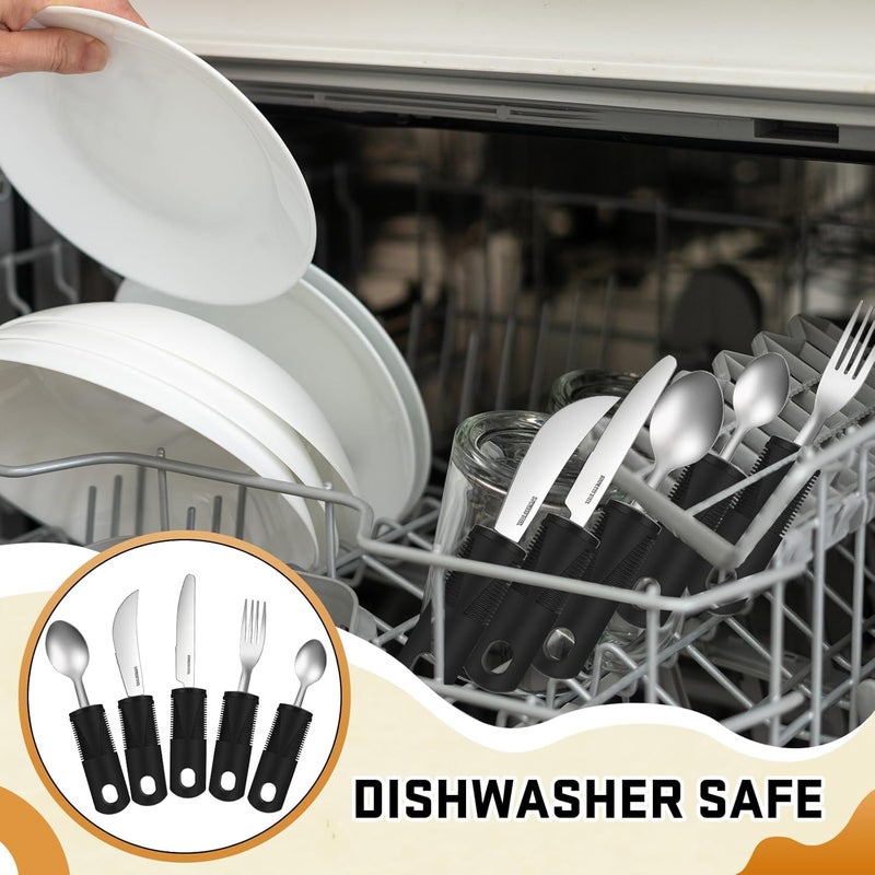 Uiifan 2 Set (10 Pcs) Adaptive Utensils for Hand Tremors, Elderly, Arthritis, Parkinsons Stainless Steel Easy Grip Handles Non Weighted Built up Utensils for Adults Hands Tremors Elderly, Black - Image 5